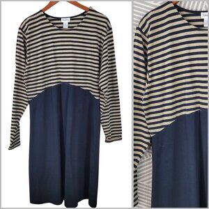 Vtg Neiman Marcus Shirt Dress Size XL Stretch Midi Casual Stripe Midi Black Tan